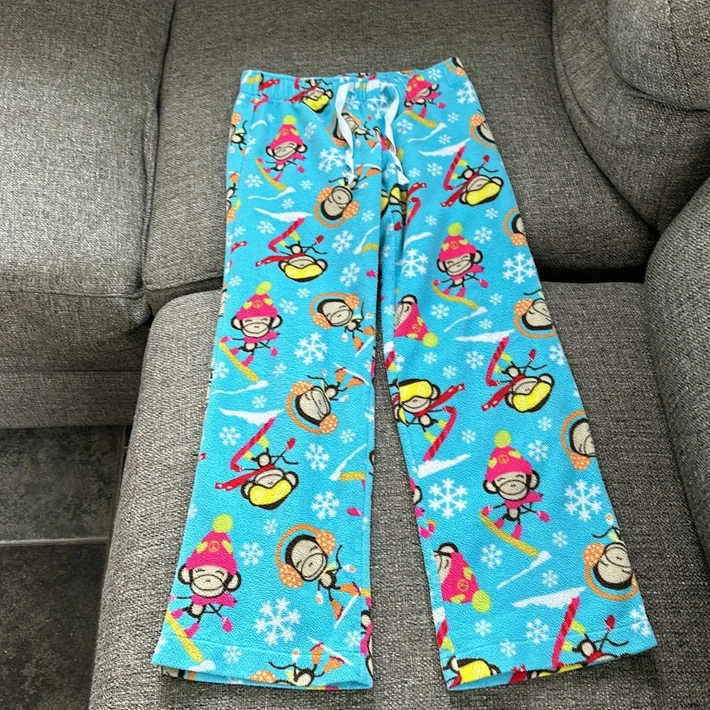 Old Navy Girls Blue Fleece Pajama Pants Size 10-12 Ski Snowboard Winter Monkey